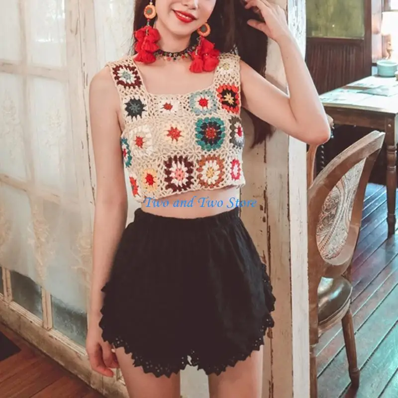 

HX6F Women Boho Sleeveless for Tank Top Hollow Out Crochet Multicolor Flower Mini Ves