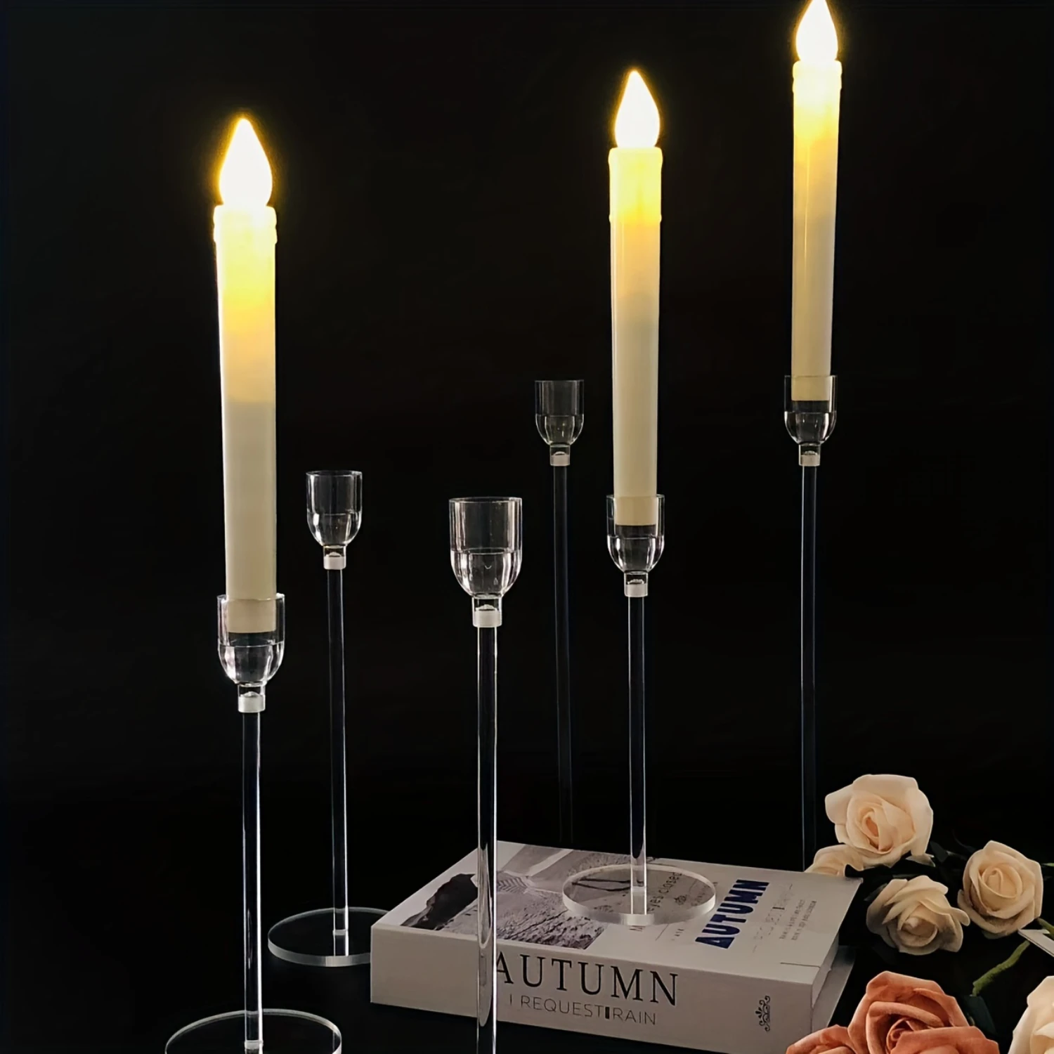 

6pcs Acrylic Candle Holders, Table Centerpieces, Taper Candlesticks For Wedding, Dining Room, Halloween, Christmas Decor, Decora