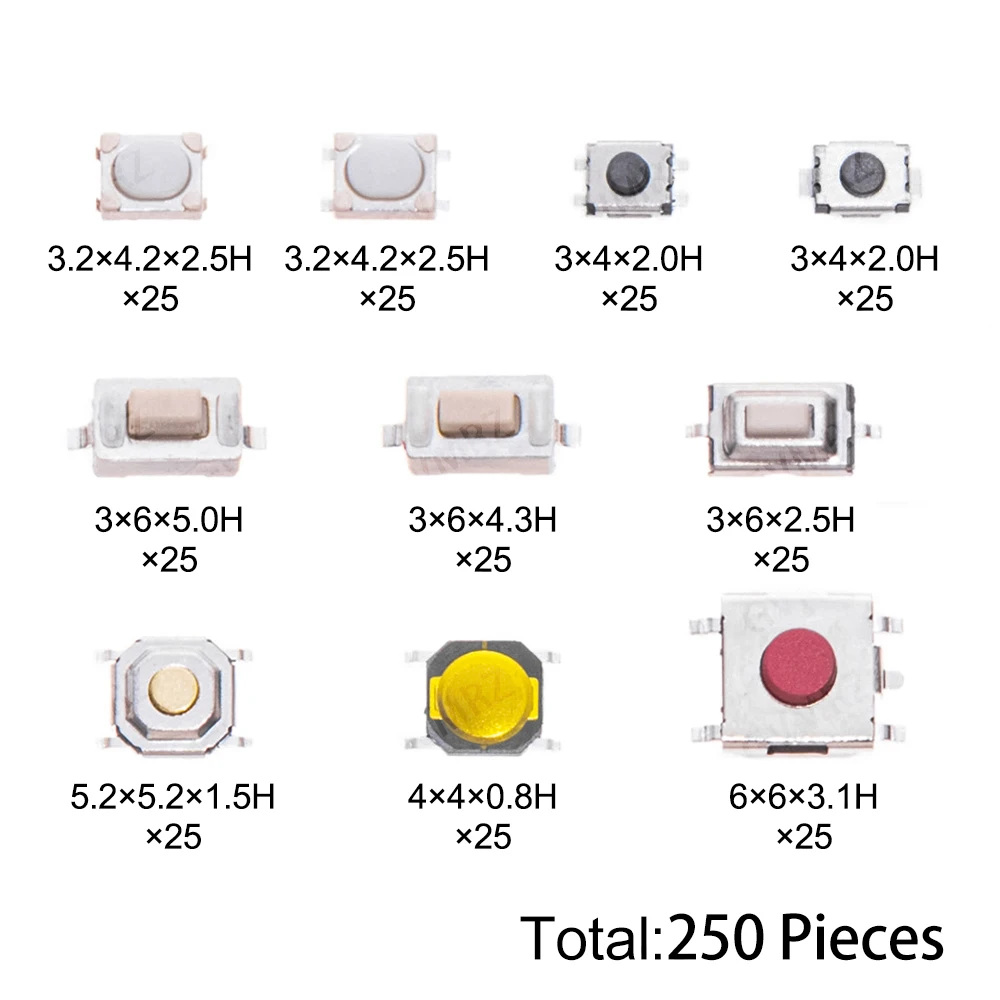 250PCS 4 Pin SMD PCB Momentary Self-reset Car Remote Control Switch Repair Micro Tactile Tact Push Button Switch Assorted Kit 2P