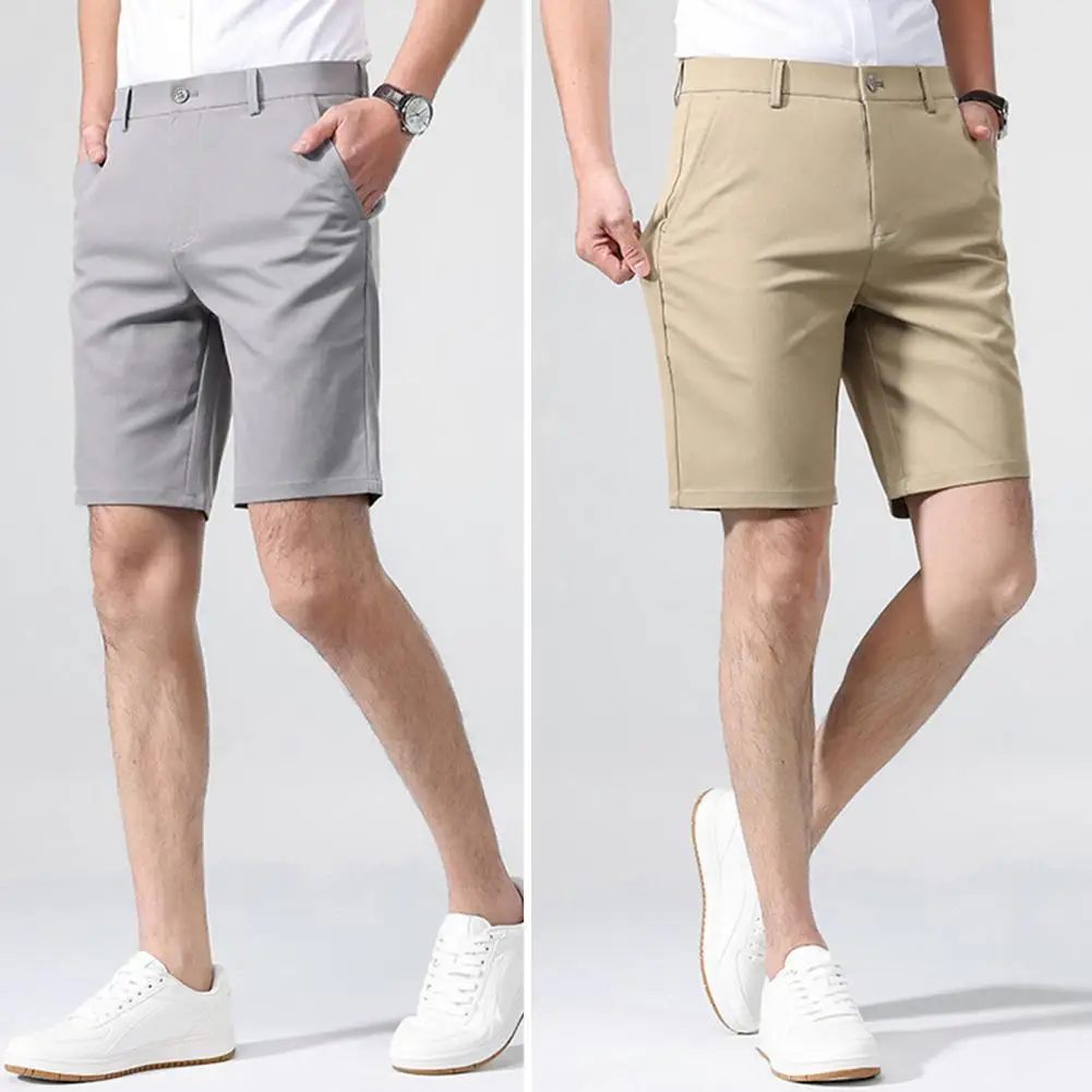 Regular Fit Men Shorts Men's Solid Color Casual Suit Shorts with Pockets Elastic Waistband Breathable Fabric for Daily for A