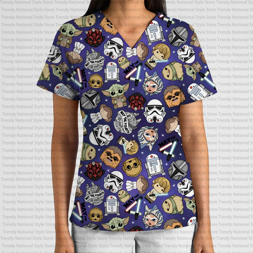 New Summer Women's High Quality Disney Stitch Cartoon Print V-Neck Frosted Top Dental Pet Shop Versatile Breathable T-shirt