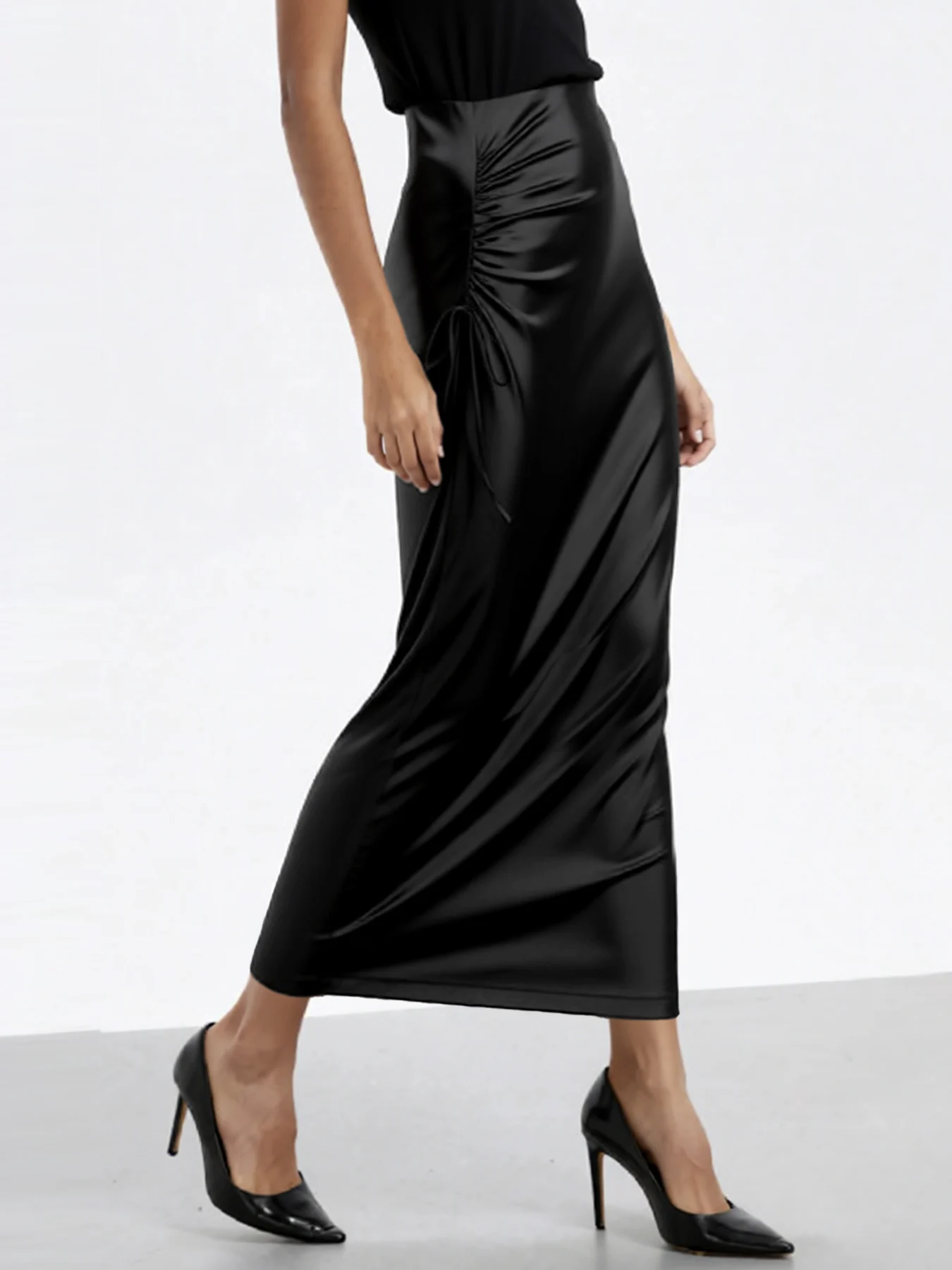 Women Solid High Waist Maxi Skirt, Spring Summer, Side Shirring Back Slit Slim Fit