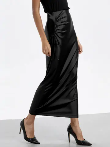 Women Solid High Waist Maxi Skirt, Spring Summer, Side Shirring Back Slit Slim Fit
