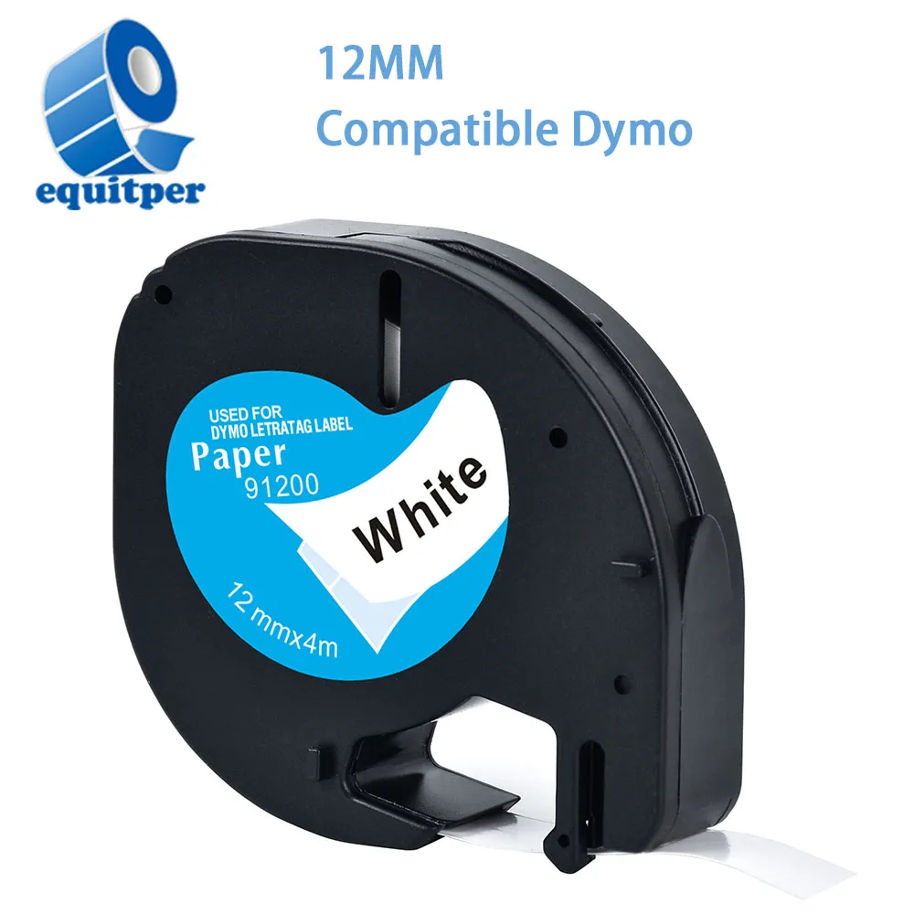 EQUITPER 12mm*4m Black on white Compatible  Dymo Letratag Paper  LT91200 Laminated Tape Printer Ribbon for LT-100H