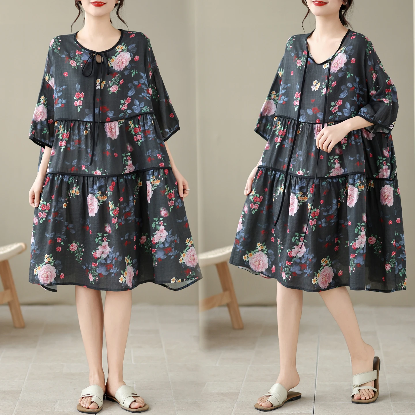 

Летнее хлопково-льняное платье большого размера с принтом, воротником и завязками, свободного кроя, элегантное, стройнящее, универсальное, в художественном стиле, с завышенной талией, А-силуэт