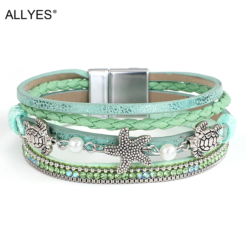 ALLYES Bohemian Pearl Beaded Leather Bracelet for Women Men Starfish Turtle Crystal Chain Bracelets Summer Fashion Beach Jewelry