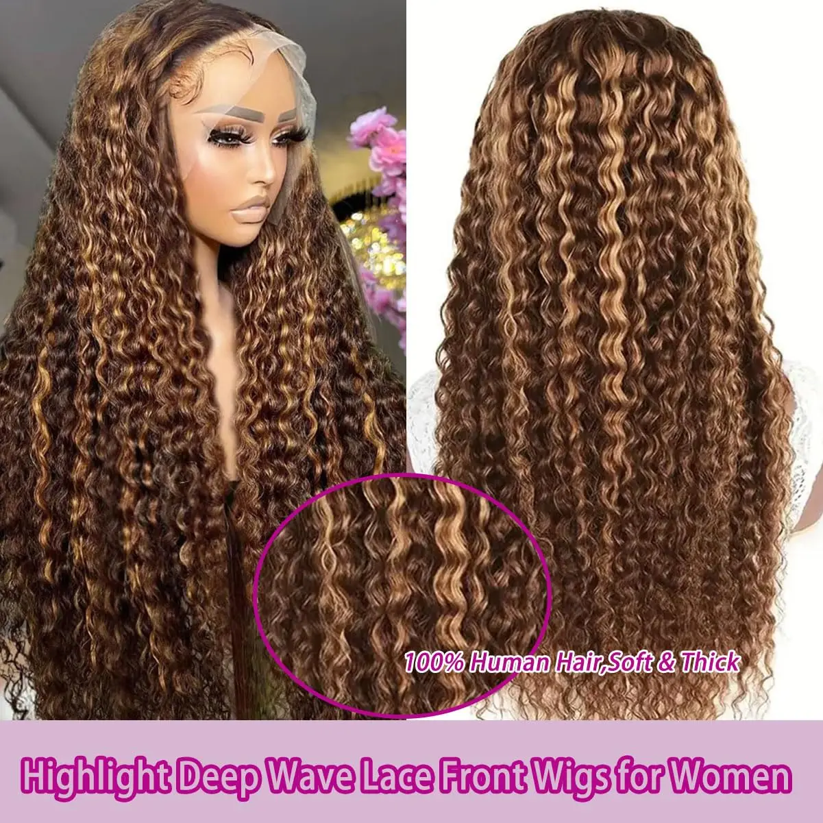 30 Inch Deep Curly Water Wave Lace Front Transparent Wigs Human Hair  4/27 Highlight Ombre 13x4 HD Lace  Frontal Wig For Women