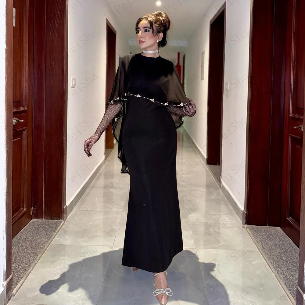 

Customized A-Line Prom Dresses Ankle-Length O-Neck Half Sleeve Evening Gown Fashion Stole Crystal Simple Draped Party Gown