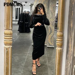 SSYTENS Black Simple Mermaid Evening Dresses Beads Velvet Ankle Length Saudi Arabic Party Gowns Long Sleeves Dubai Event Dress