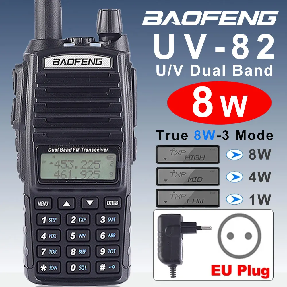 Портативная рация Baofeng UV 82 Plus, любительская радиостанция с двойным PTT и большим радиусом действия, Портативная радиостанция с 2 каналами, 8 Вт