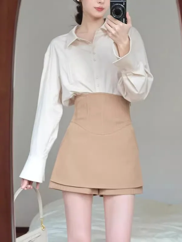 

Elegant Long Sleeve High Waist Khaki Skirt Pants Women's Autumn Two-Piece Set Casual Style Polyester Fiber Shirt And Skirt