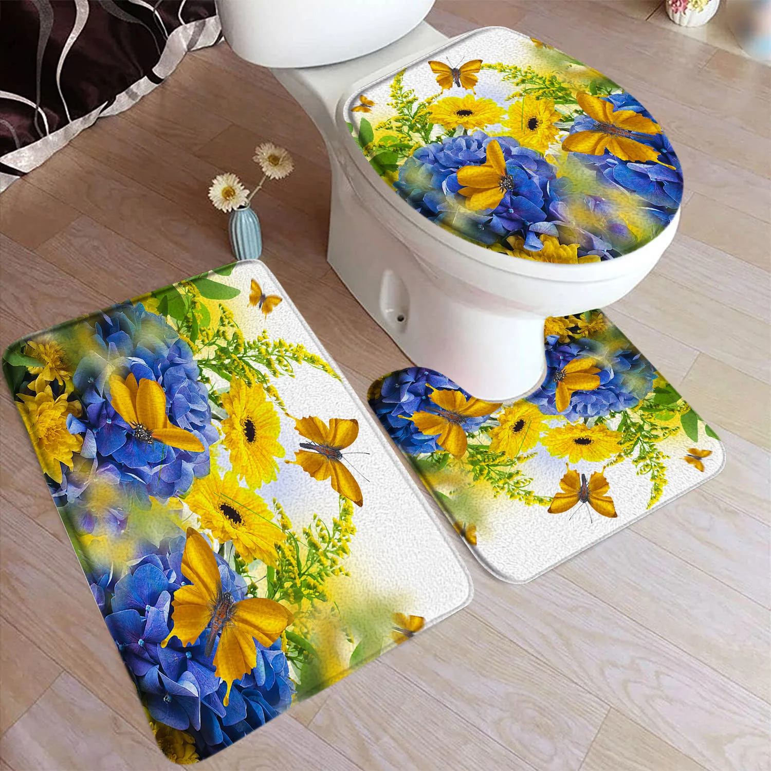 Floral Blue Butterfly Bath Mat Set Purple Flowers Butterflies Plant Flannel Home Bathroom Decor Non Slip Rugs Toilet Lid Cover