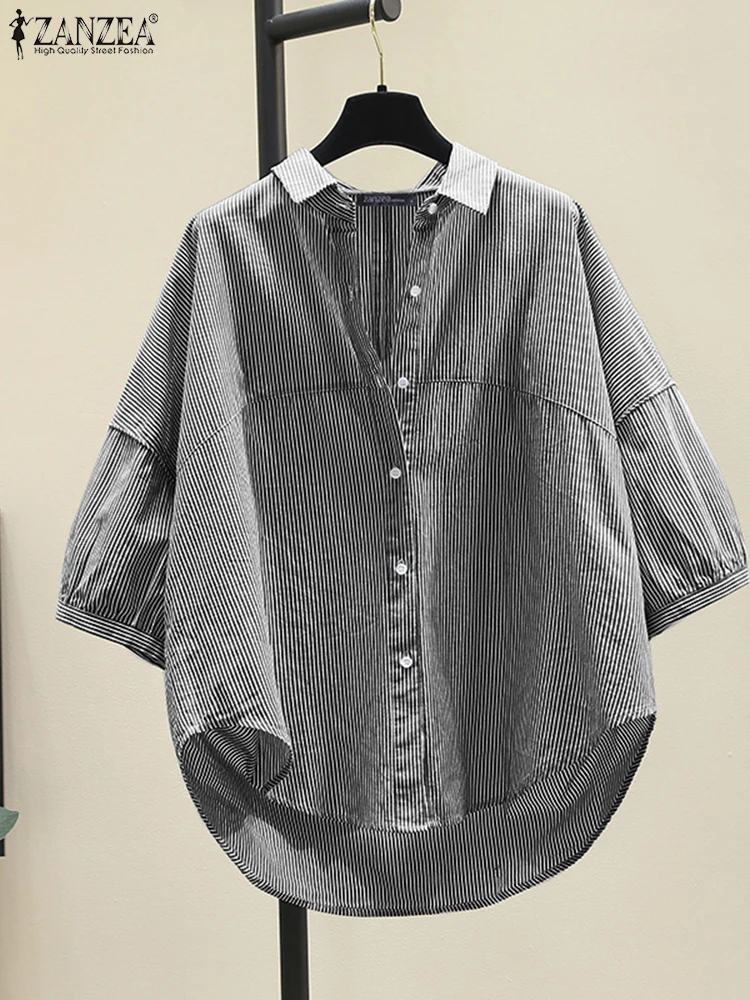 

ZANZEA Summer Striped Blouse Fashion Women Shirt Elegant 3/4 Lantern Sleeve Work OL Blusas High-Low Tunic Tops Casual Chemise