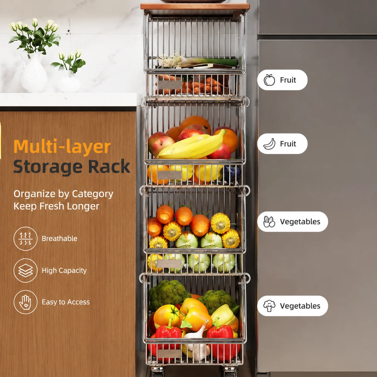 Stainless Steel Floor-Standing Gap Storage Rack for Refrigerator Side – Narrow Multi-Tier Kitchen Trolley