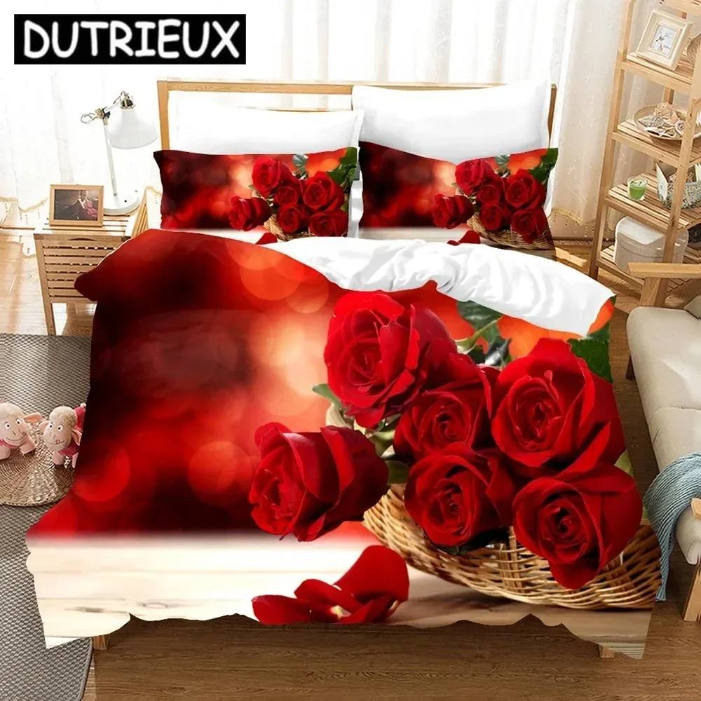 

Flower Red Rose Romantic Gift Comfortable Duvet Quilt Cover Pillowcase Bedding Set Children Bedroom Decoration Home Textile
