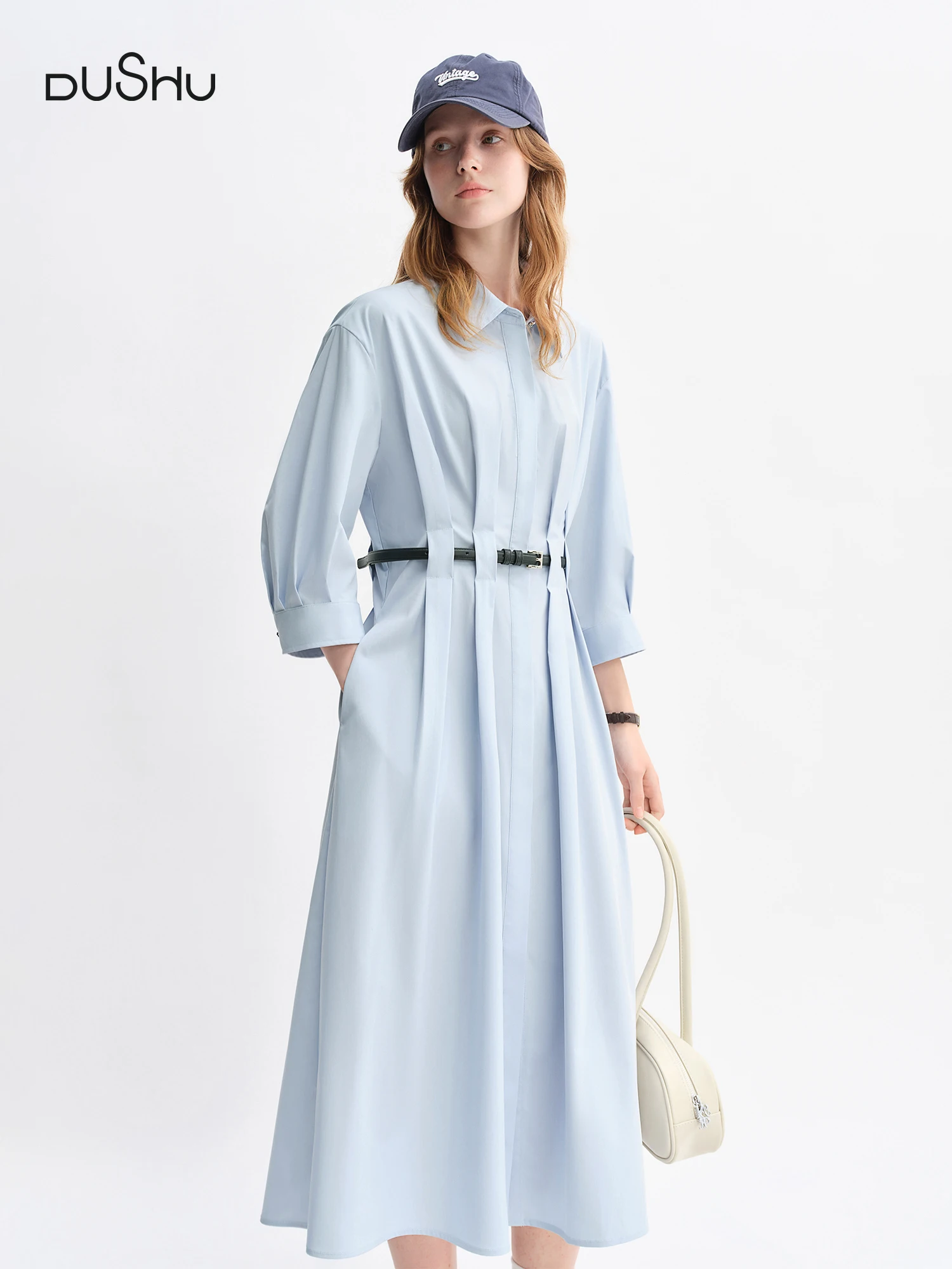 

DUSHU Women's Shirt Dress Autumn 2025 New Vertical Striped Pleated Design Pear-shaped Mid-length Dress with Belt 25DS83125