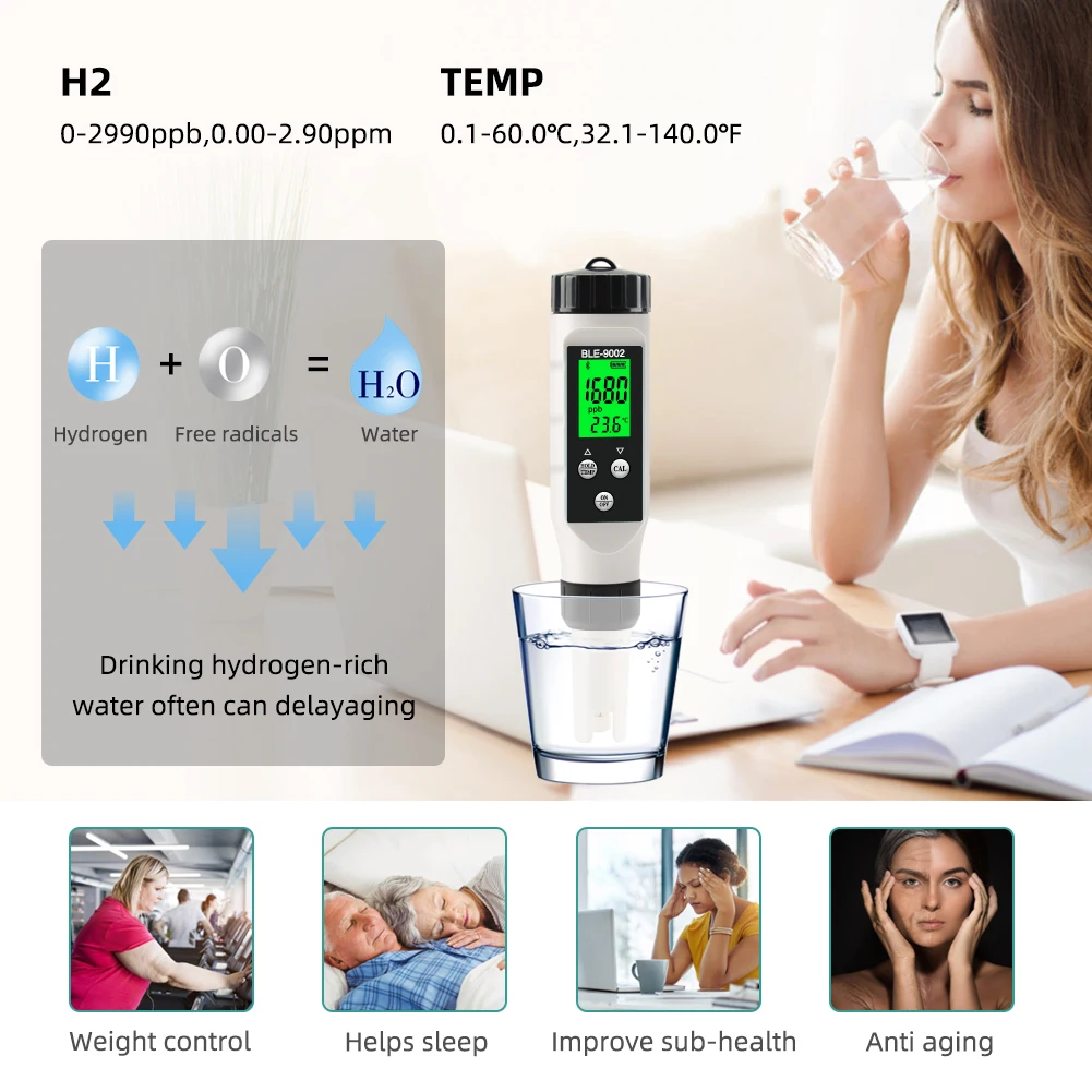 Yieryi Smart Bluetooth H2 Temp Meter Hydrogen Rich Water Hydrogen Ion Concentration Monitor Tester for Pool Spa Drinking Water