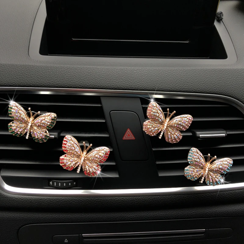 Rhinestone Butterfly Car Perfume Diamond Colorful Butterfly Car Air Freshener Perfume Clip Auto Decoration Accessories Interior