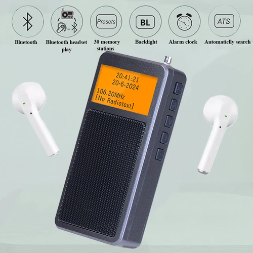 Mini Radio portátil Bluetooth de bolsillo, Radios estéreo DSP FM, altavoz inalámbrico Bluetooth con despertador, retroiluminación, recarga de pantalla