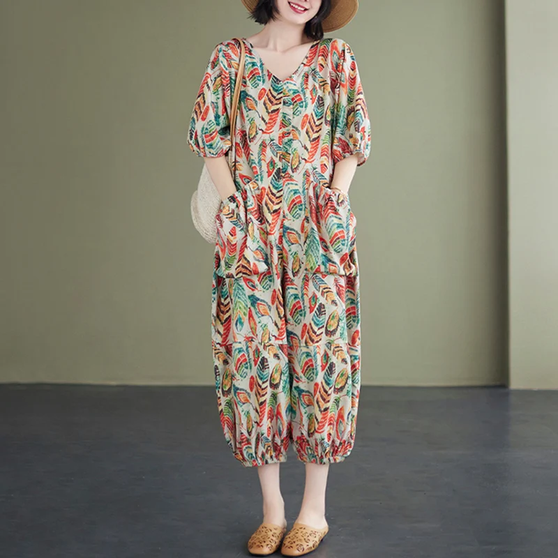 Pantalones informales holgados con estampado de lino y algodón para mujer, monos de talla grande con pantalones tipo farol grandes, pantalones de nueve puntos