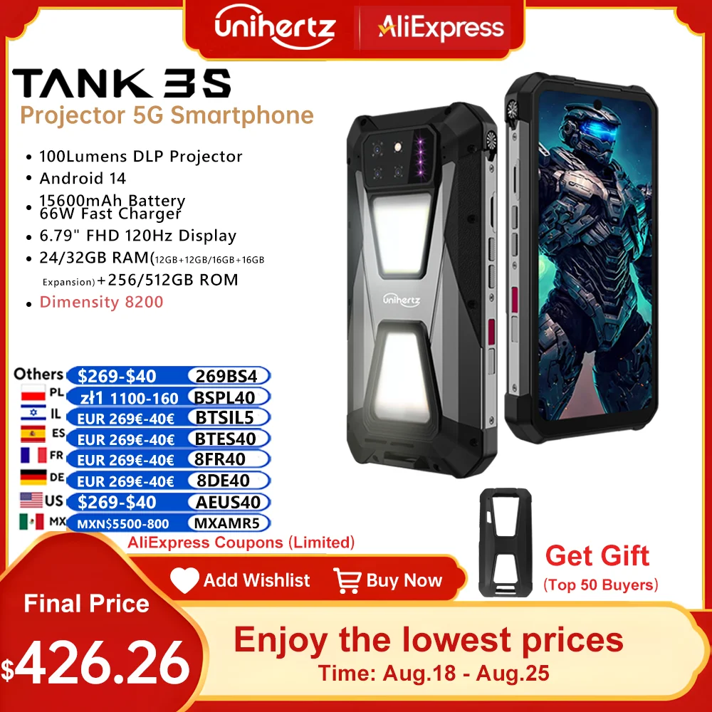 

Unihertz Tank 3s 8849 Rugge Cellphone with Projector Dimension 8200 24/32GB 256/512GB Mobile Phone 120Hz Screen 50MP 64MP Camera