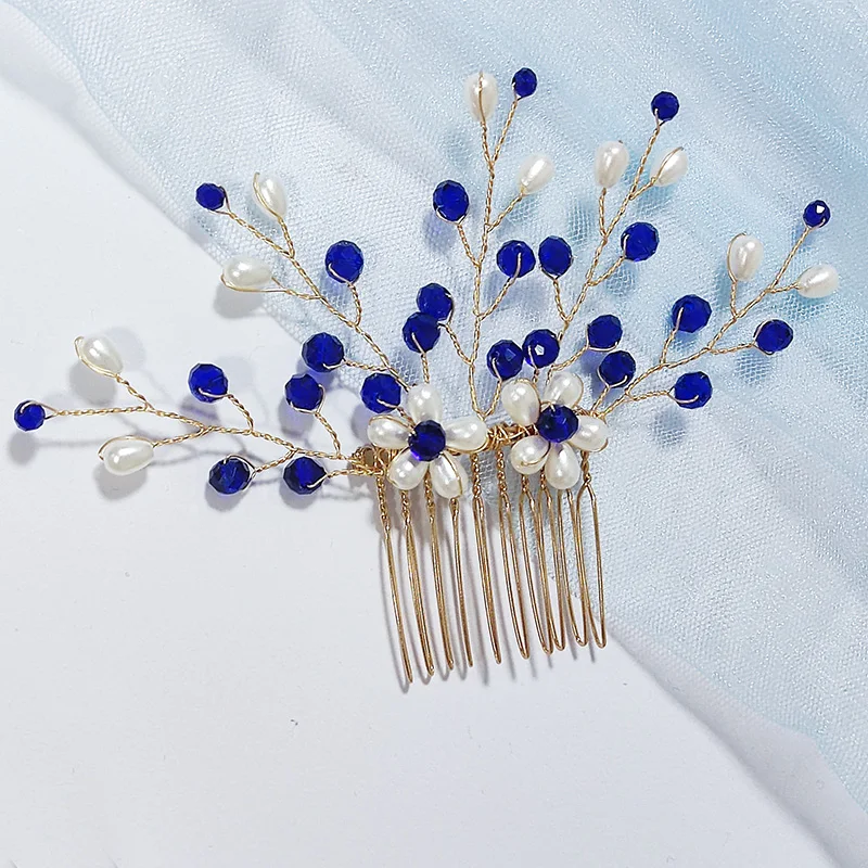 Blue Color Hair Comb Crystal Wedding Head Piece Bridal Headwear Women Hair Accessories Party Pin Clip Prom Headband
