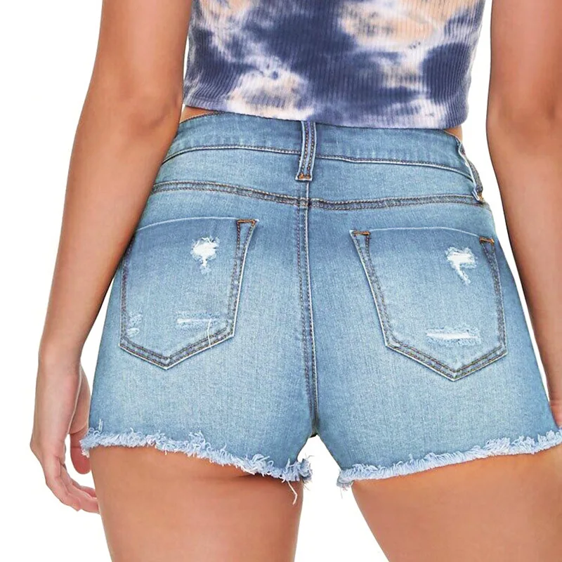 Summer Fashion Women's High-waisted Hip-lifting Tassel Ripped Hole Raw Stretch Ladies Denim Shorts Casual Office All-match Jeans