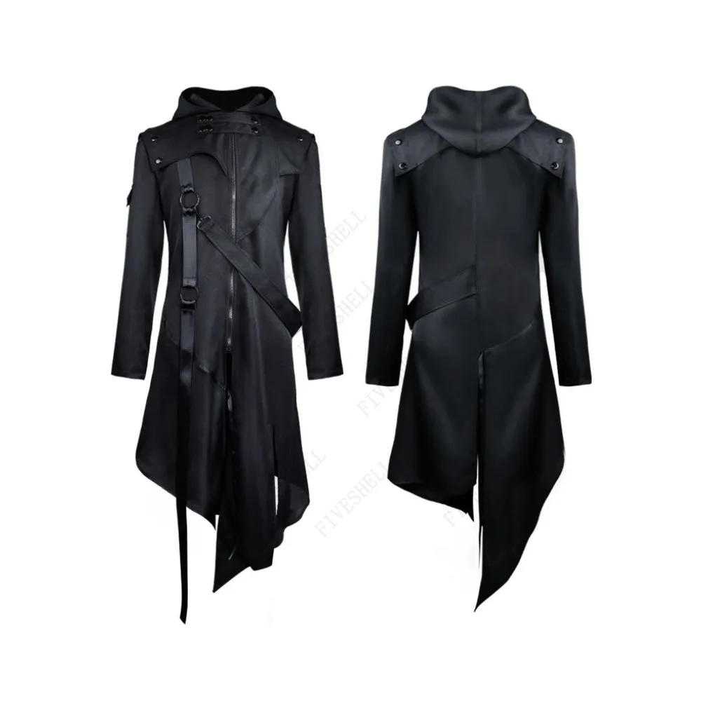 Manteau gothique médiéval pour hommes, manteau irrégulier à capuche, Hip Hop, Overcoat noir long Steampunk, Assassin Cosplay Costume, 2023