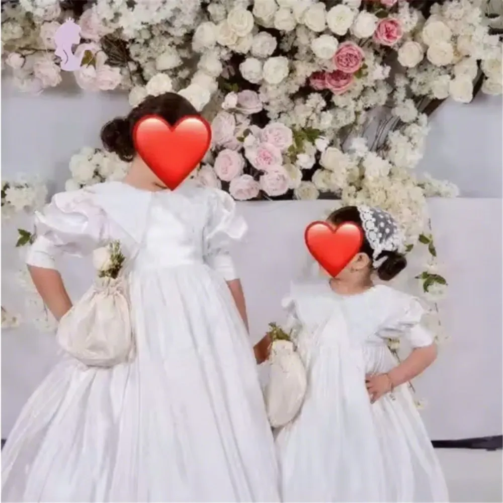 

Customized Flower Girl Dress For Wedding Satin Half Sleeves Puffy Dress Kids Birthday Party Prom First Communion Ball Gown
