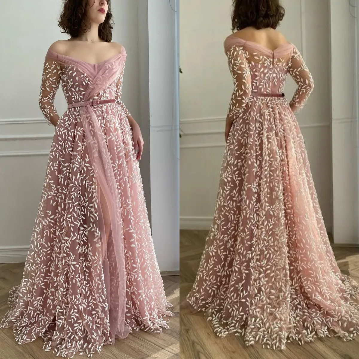 Dusty Pink Tulle Prom Dresses Lace Applique Long Sleeve Evening Gown Off the Shoulder Women Fashion Party vestido de novia