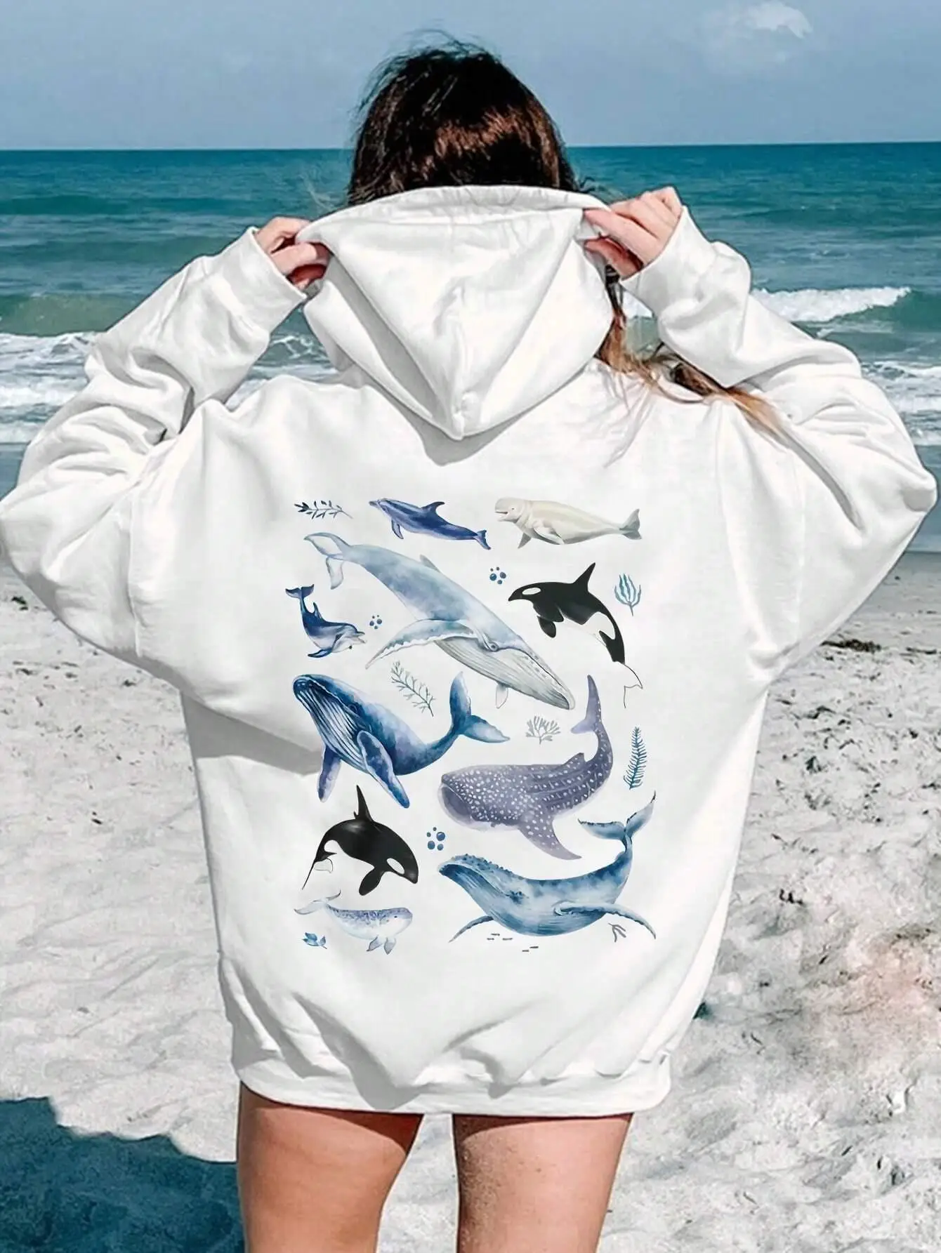 Ocean whales Print Female Hoody Harajuku Comfortable Sweatshirts Fashion O-Neck Quality Hooded Autumn Warm Streetwear Women