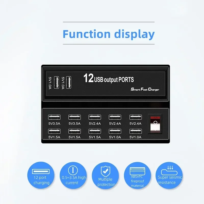 Smart 12 Ports 5V 3.5A 12A USB Power Fast Charge Station For IPhone 13Plus/IPad/Samsung/Huawei EU US Plug Adapter Charger Socket