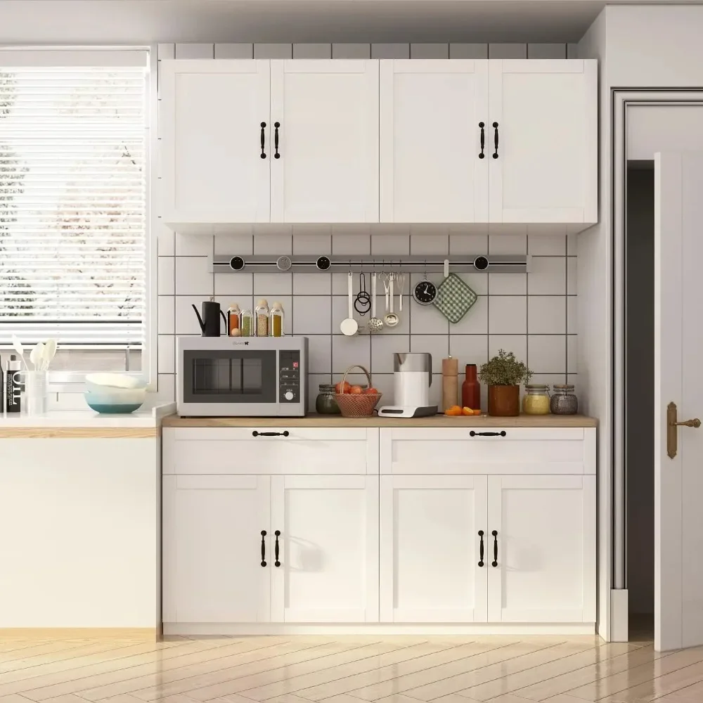 Wall-Mounted Kitchen Pantry with Doors, Drawers & Adjustable Shelves, Kitchen Cupboard Storage Cabinet for Living Room