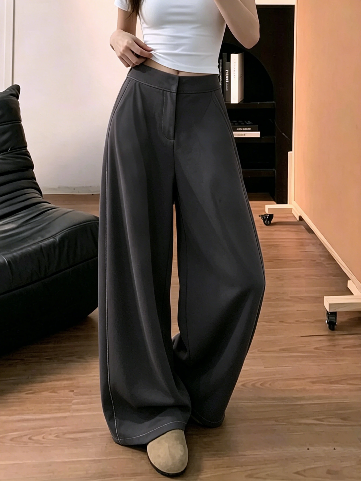 Gray High Waist Wide Leg Suit Pants Women Summer Loose Casual Drape Straight Versatile Floor-Length Trousers Commute Style