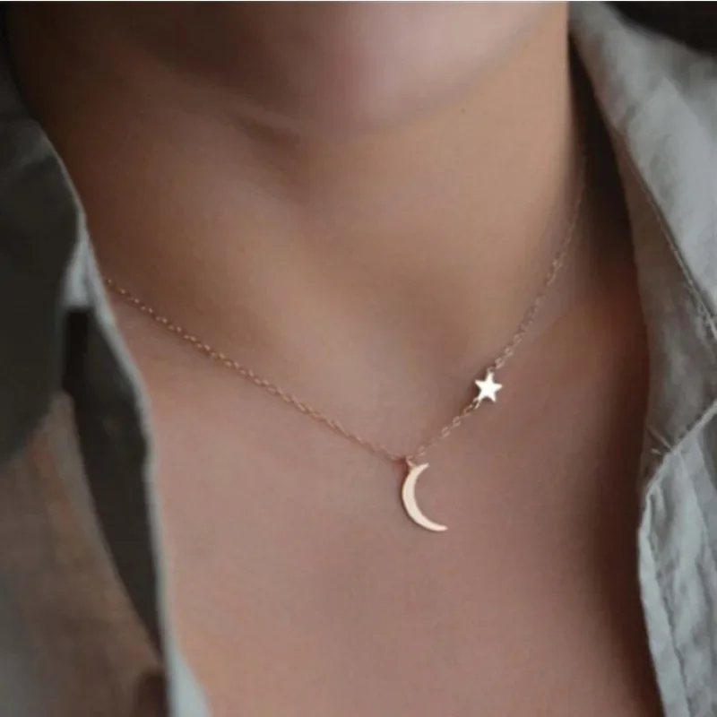 2pcs European and American Simplicity Versatile Moon and Star Pendant Necklace Women's Short Collarbone Necklace