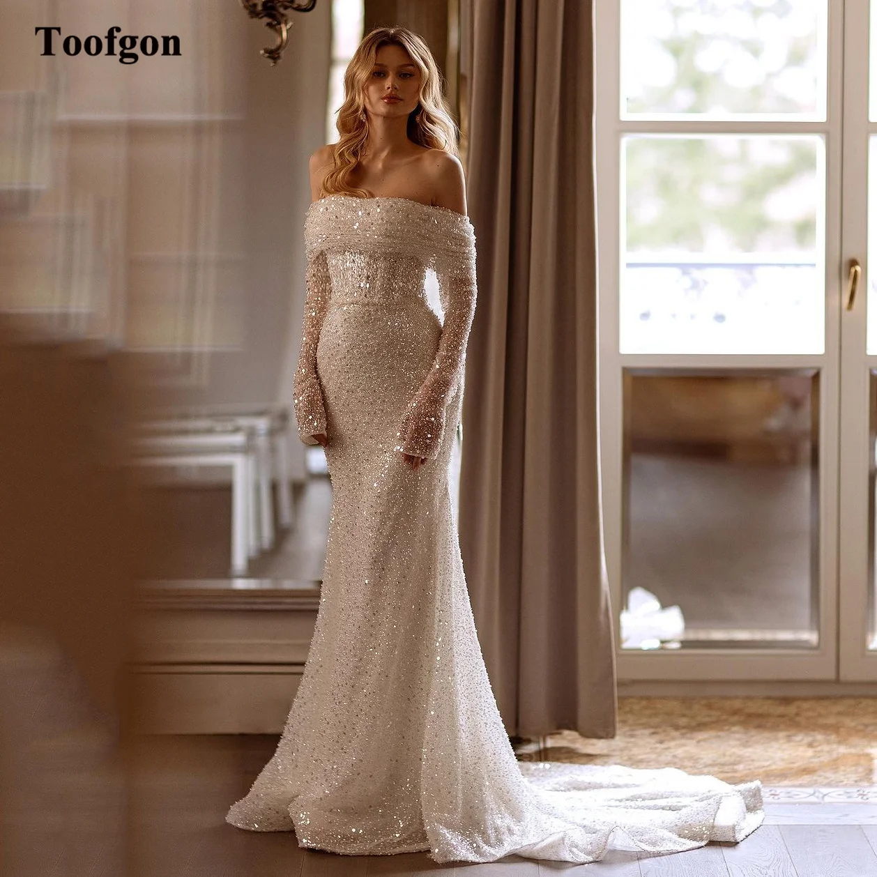 Toofgon vestido de novia de sirena con lentejuelas brillantes, mangas largas, hombros descubiertos, vestido de novia de fiesta especial, vestidos de novia de tren de corte