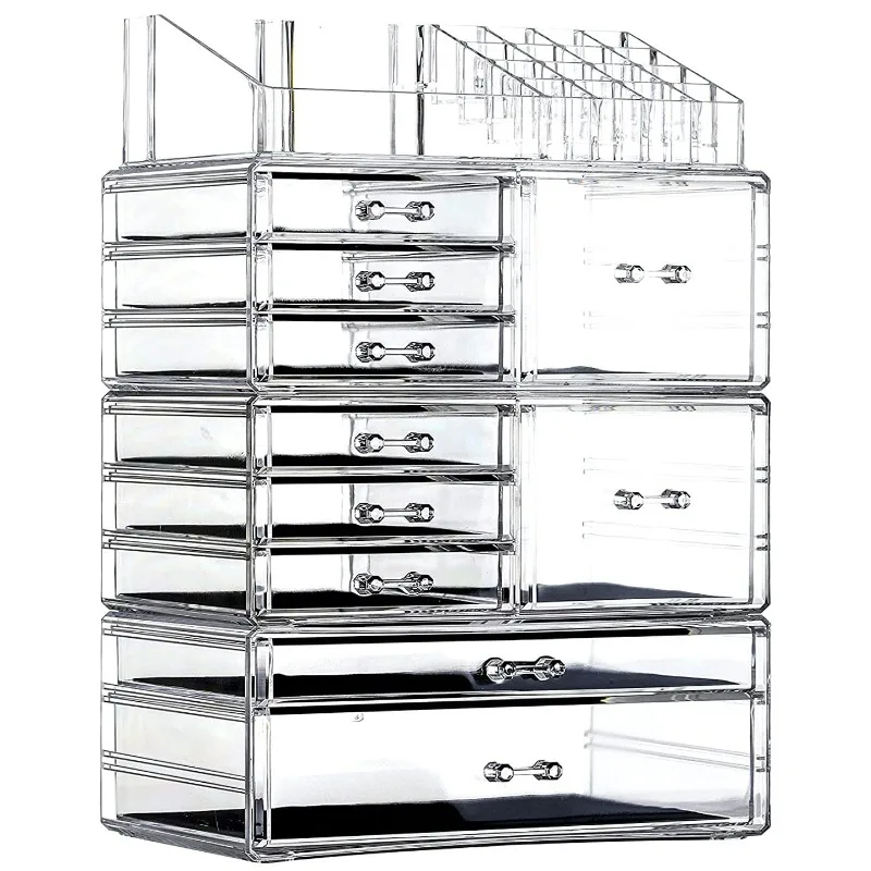 Cq Acrylic Clear Makeup Storage Organizer Care Large Cosmetic Display Cases Stackable Storage Box with 10 Drawers for Dresser,Se