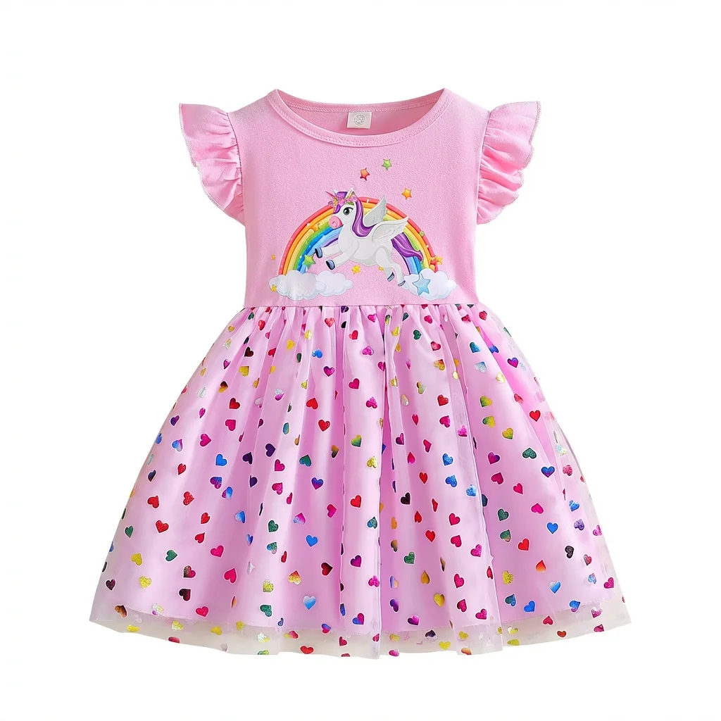 2026 Korean Style Girls Summer Unicorn Print Dress Short Sleeve Tulle Princess Gown Kids Casual Party Clothes for South Korea