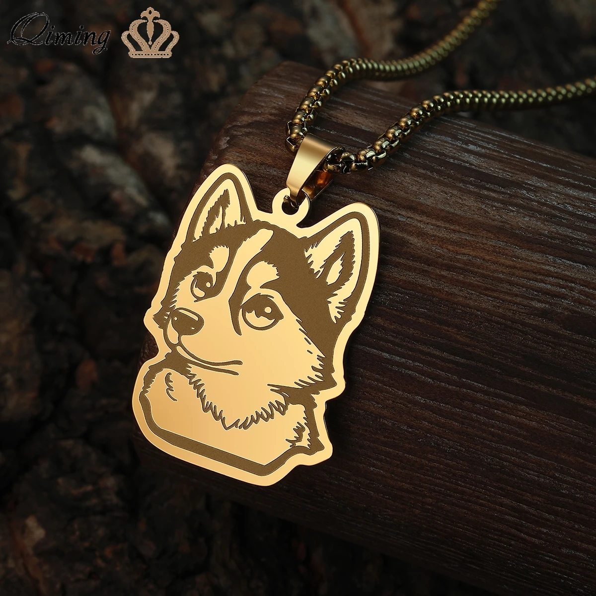 QIMING Cute Husky Animal Dog Pendant Necklace For Women Cartoon Jewelry Stainless Steel Necklaces Gift 