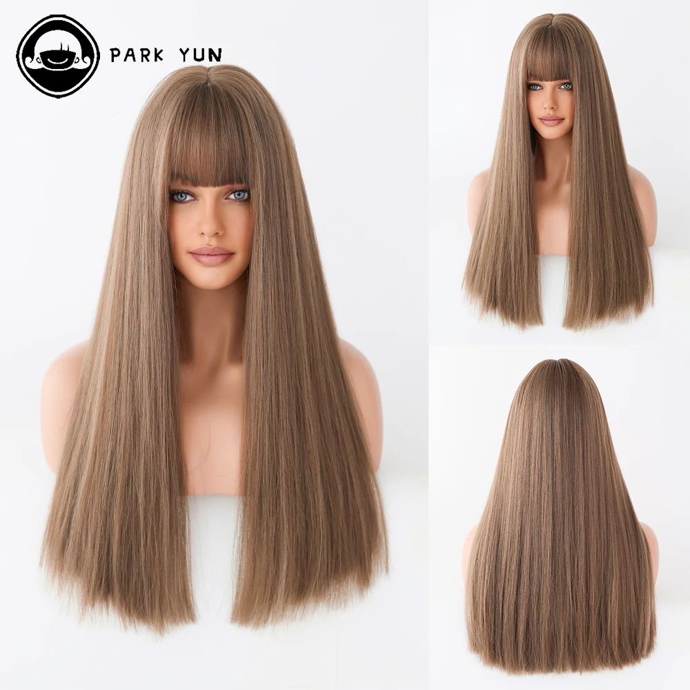 Long Straight Flaxen Hair Women Wig with Bangs High Density Heat Resistant Synthetic Wig Daily Cosplay Party Fake Hair