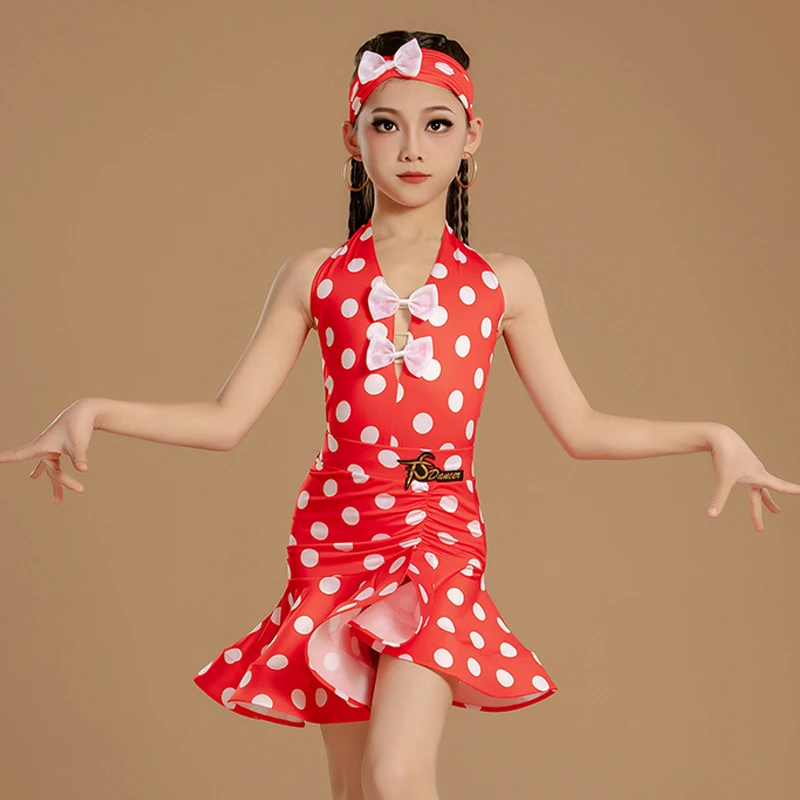 레드 폴카 도트 라틴 댄스 의상 소녀 성능 의류 여름 민소매 연습 드레스 키즈 라틴 경쟁 드레스 L15378