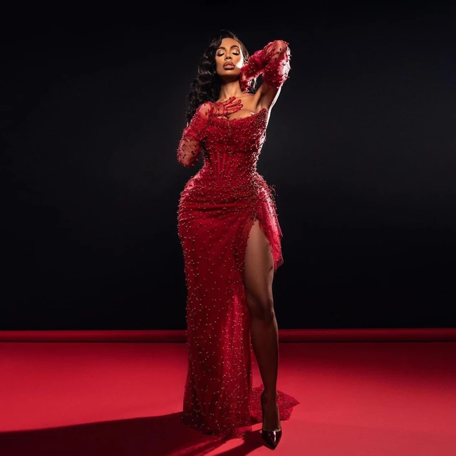 Dark Red Luxury Pearls Prom Dresses With Detachable Sleeves Gloves Sexy Strapless High Slit Formal Evening Dress Long Party Gown Prom Dresses AliExpress