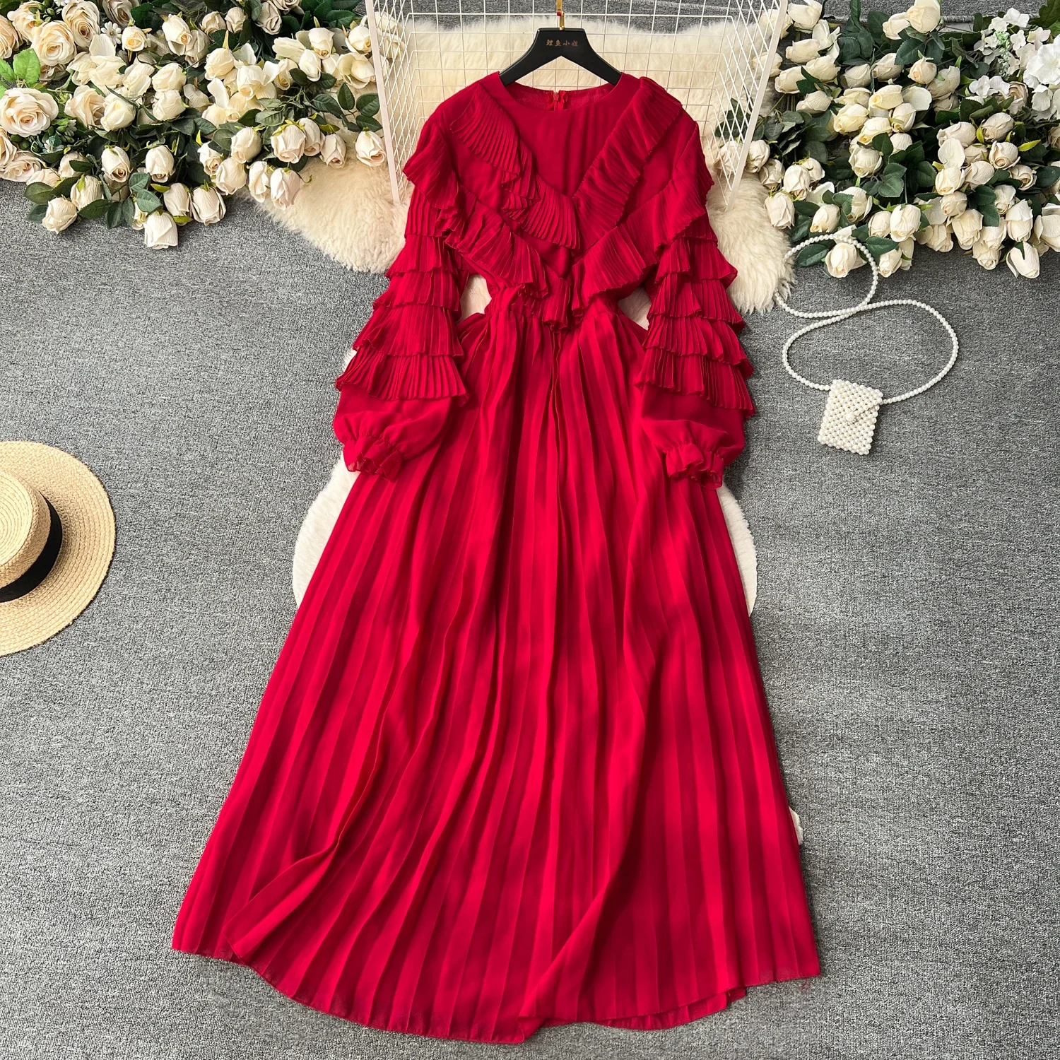 Chic Ruffle Pleated Long Sleeve V Neck Dress Chiffon A-line Casual Dresses Korean Fashion Women Elegant Vestidos