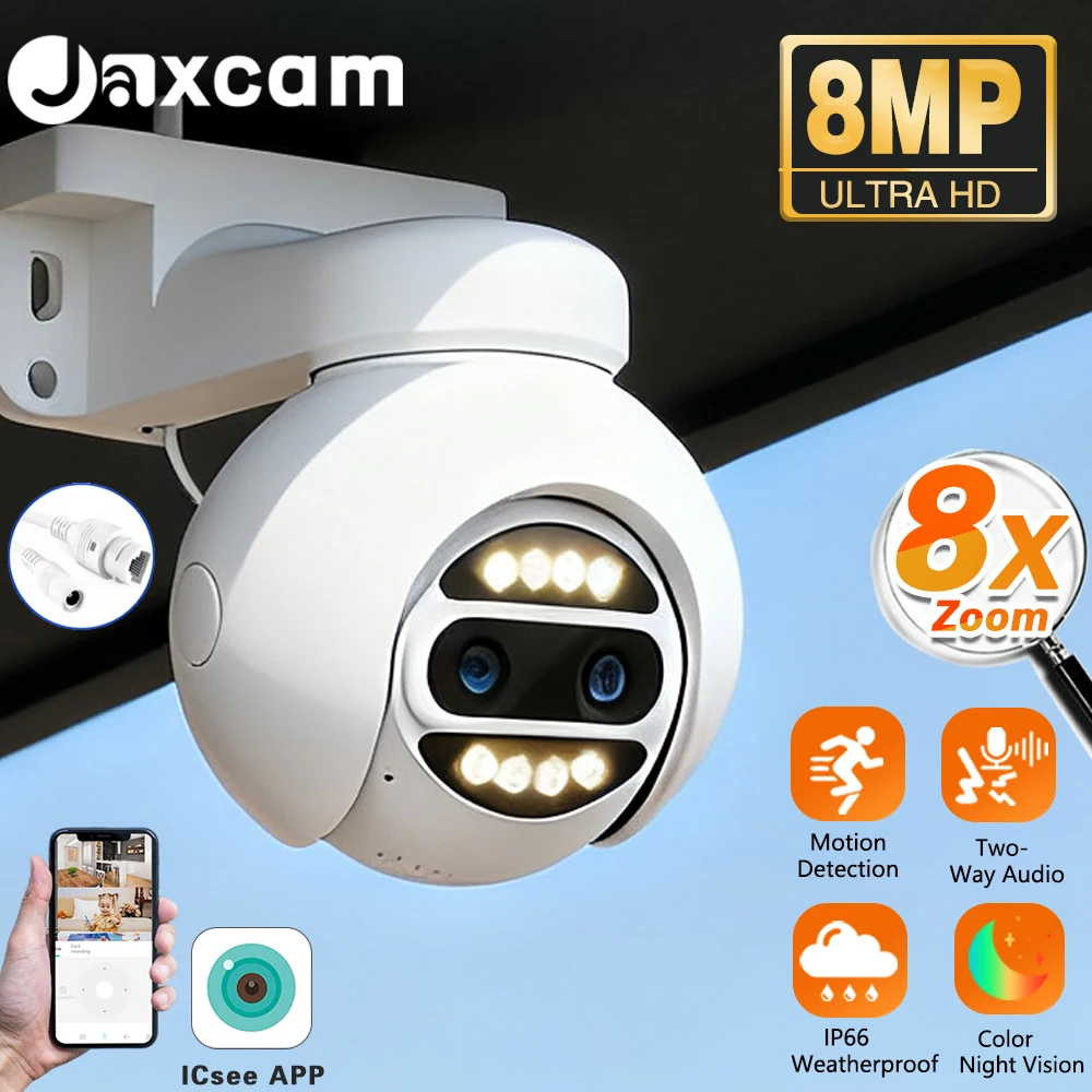 

8MP POE Dual Lens Security Camera Outdoor 4K HD Surveillance CCTV 8x Zoom PTZ IP Cam Human Detection Work ICsee
