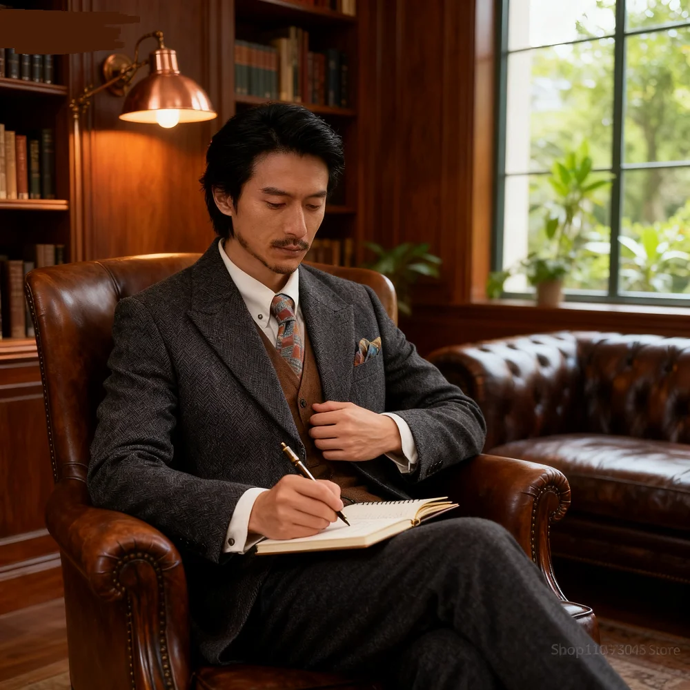 

Men's Dark Grey Tweed Smoking Suit Unique Single Breasted Business Blazer Fishbone Design Wedding Ceremony Coat