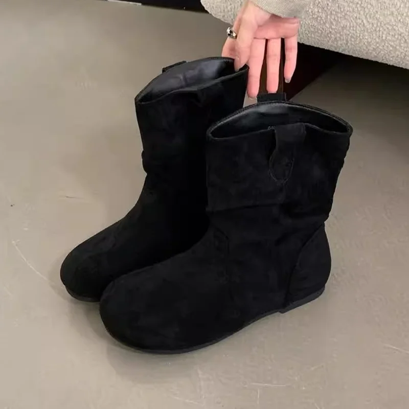 

Flats Women's Ankle Boots Fashion Suede Winter Shoes 2025 Designer Short Gothic Boots New Walking Casual Gladiator Ladies Boots
