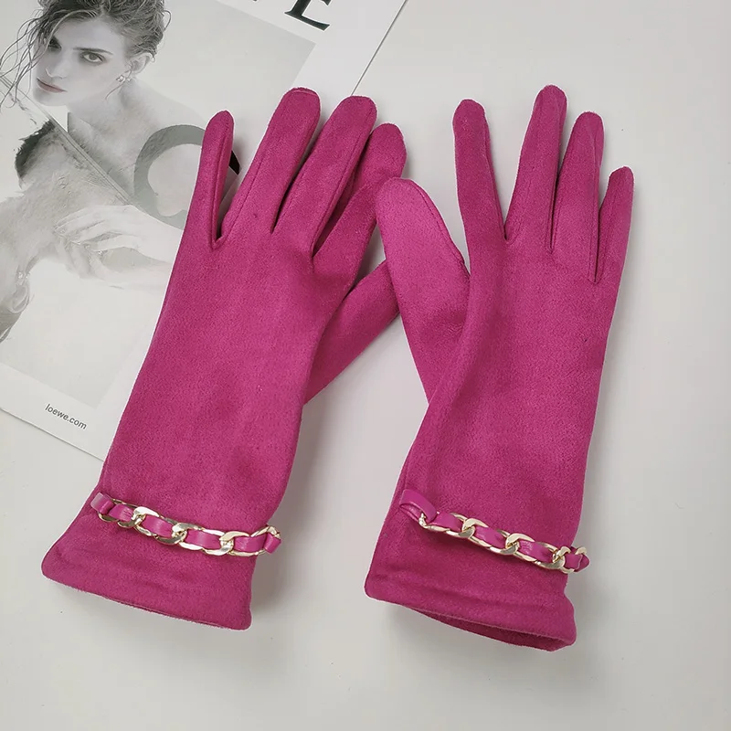 Female Suede Leather Chain Rhinestones Velvet Thick Touch Screen Driving Gloves Winter Outdoor Riding Full Finger Warm Mittens