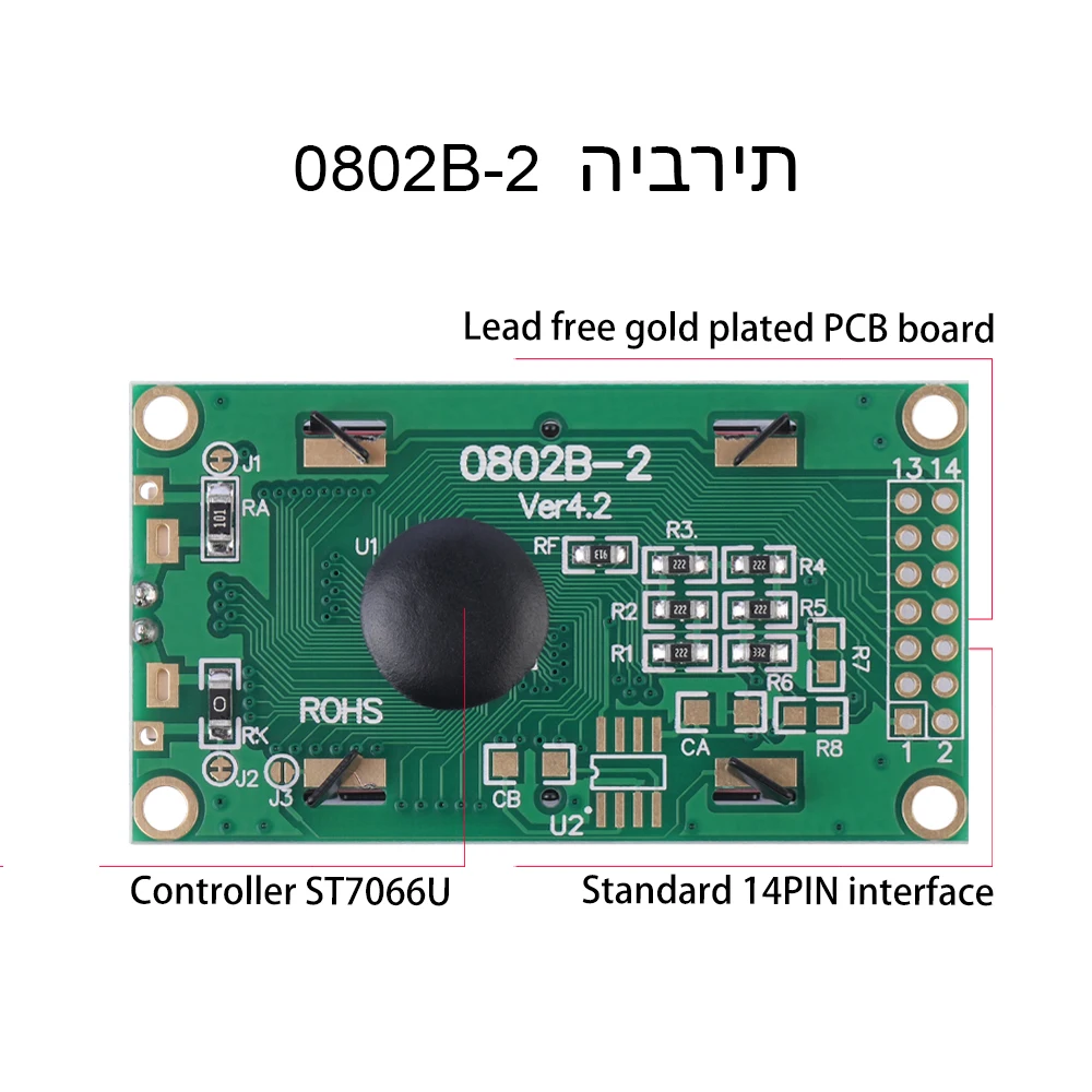 Pantalla LCD LCD0802B-2 hebreo, pantalla de caracteres de película Azul, 14 pines, módulo multilingüe