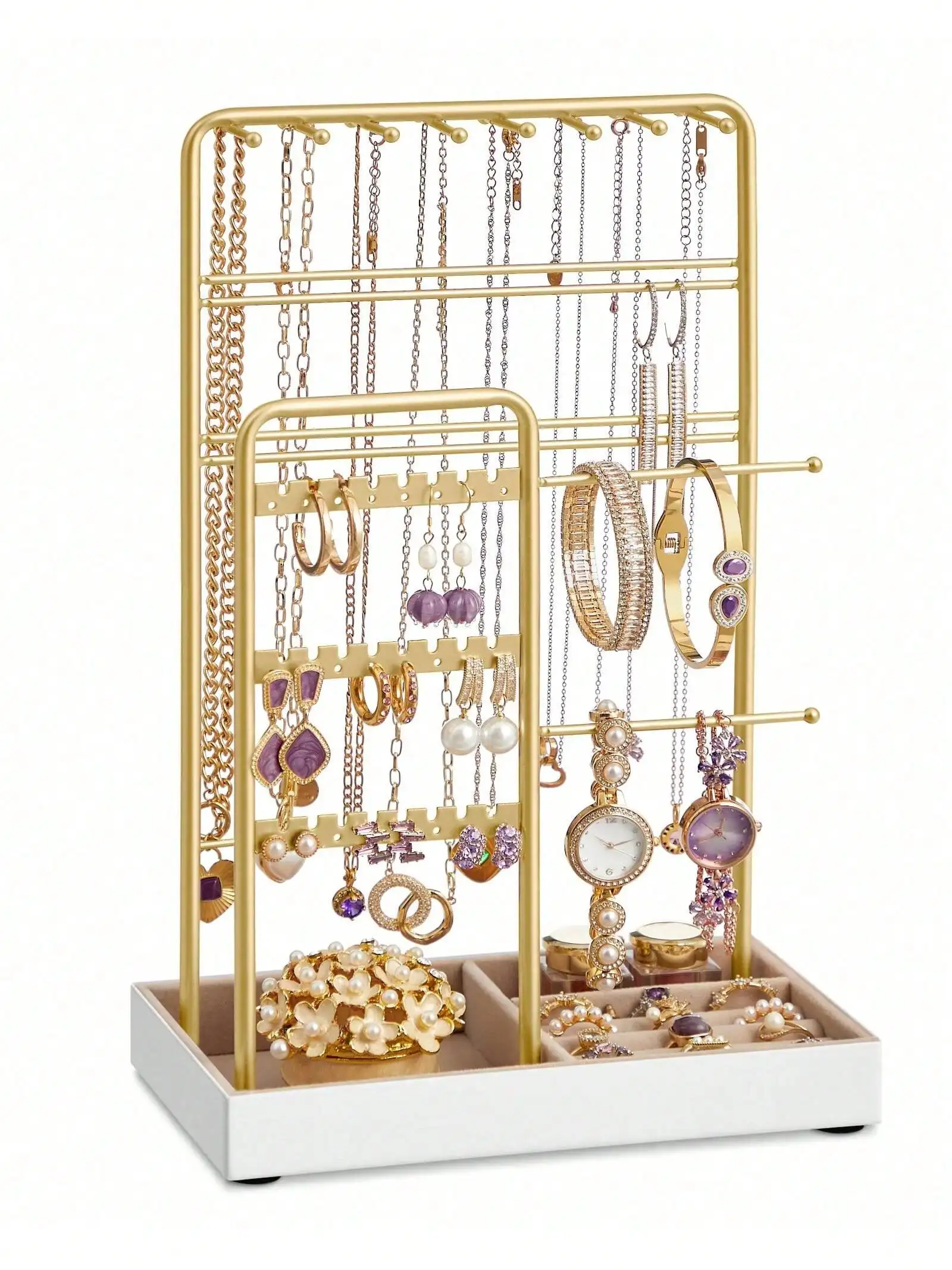 Jewelry Organizer Display Stand with Velvet Tray & Metal Frame, Necklace Earring Bracelet Holder, 3-Tier