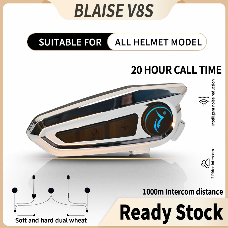 

BLAISE V8s Motorcycle Helmet 2024 New Bluetooth Headsets 2 Rider 1km Moto Interphone Communication Moto Music Sharing intercom